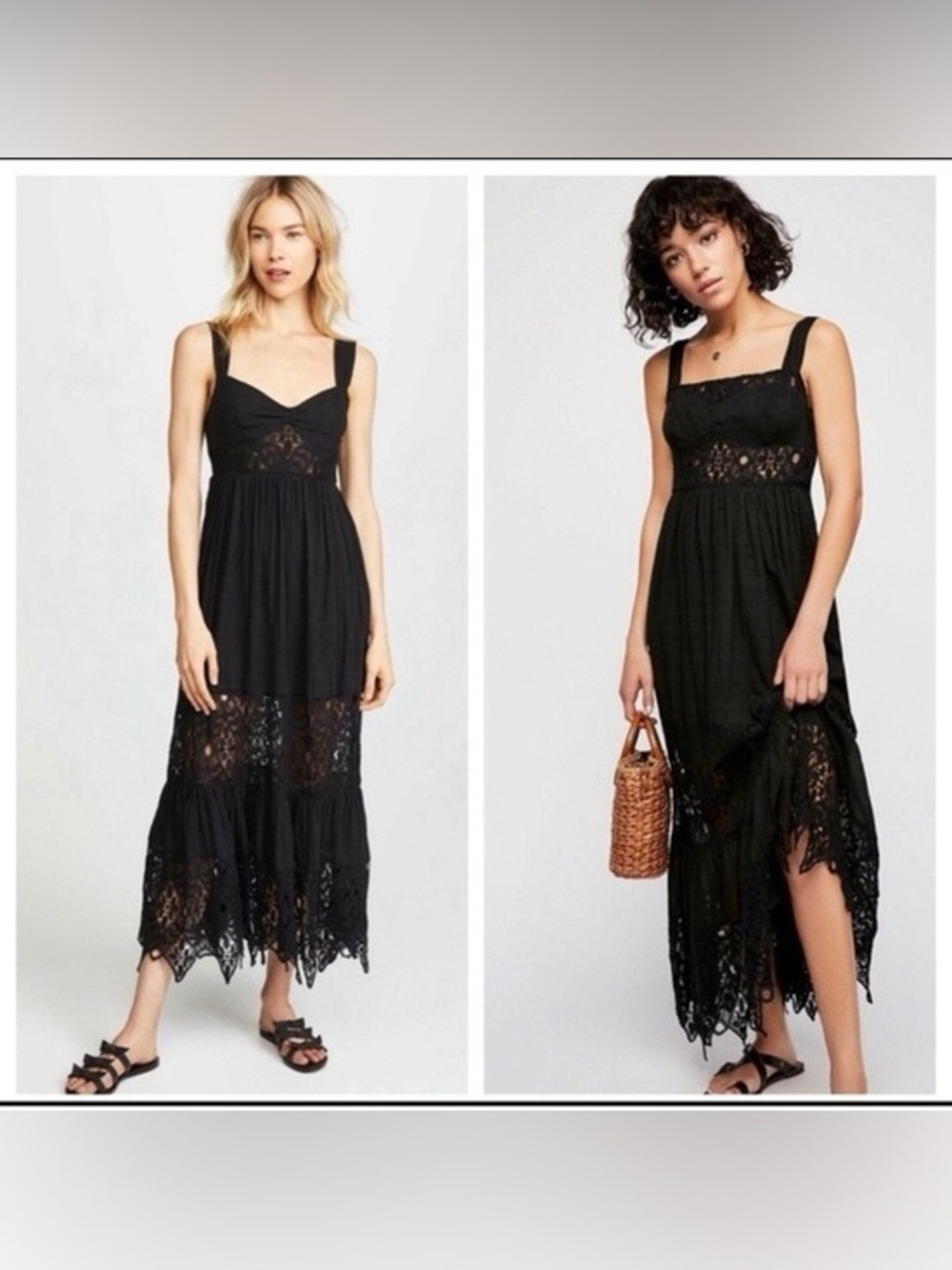 Free People “Caught Your Eye” Maxi Dress Size 10 Black Boho Lace Tiered